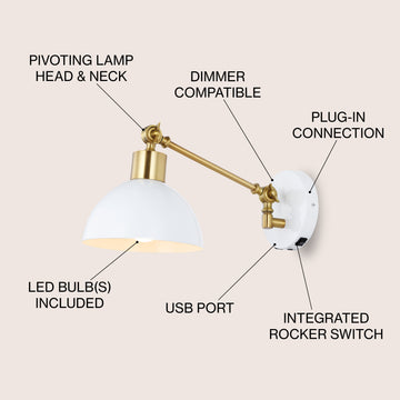 Lisa 18" Swing Arm Modern Midcentury Iron USB Charging Port LED Sconce - JONATHAN Y